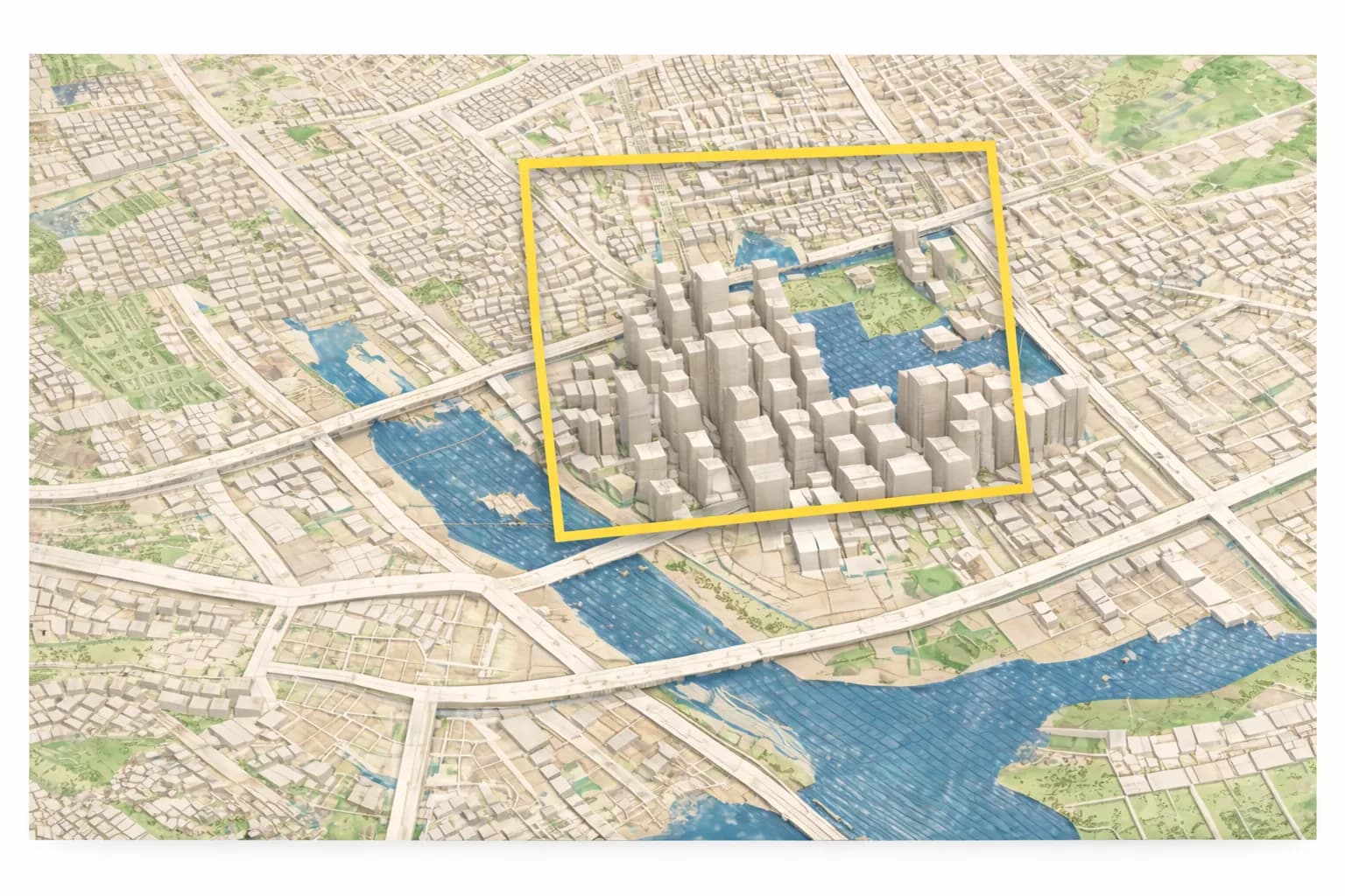 3D city model emerging from a map — architectural precision from real map data